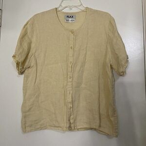 FLAX yellow short sleeve button down linen shirt size Small
